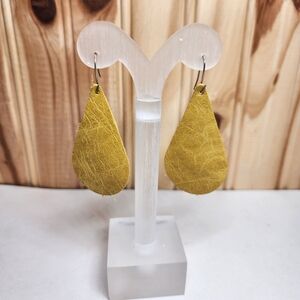 Elegant Handmade Yellow Leather Teardrop Earrings 2 3/8" Tall 1 2/8"wide